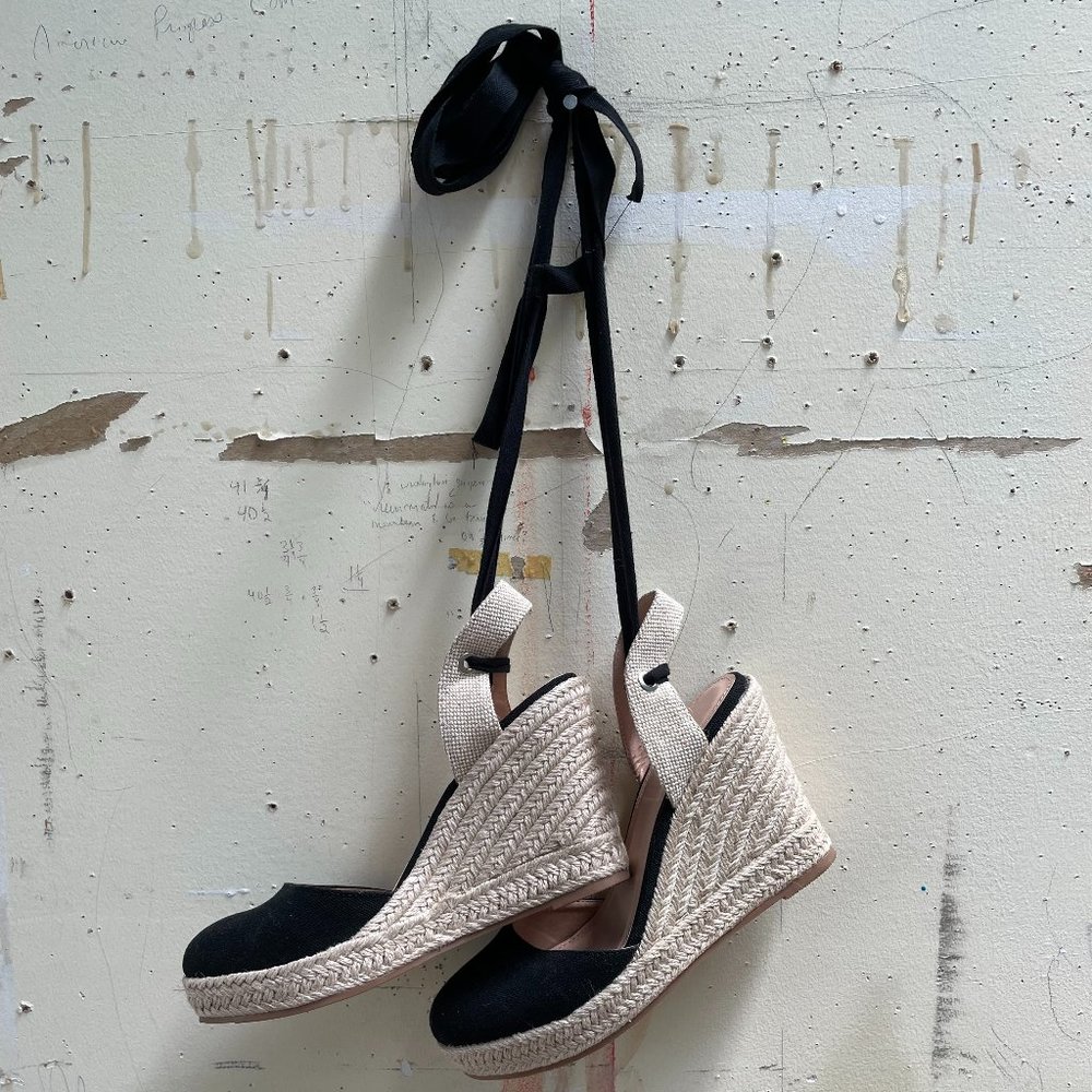 Black and Tan Espadrilles Wedges - Size 7